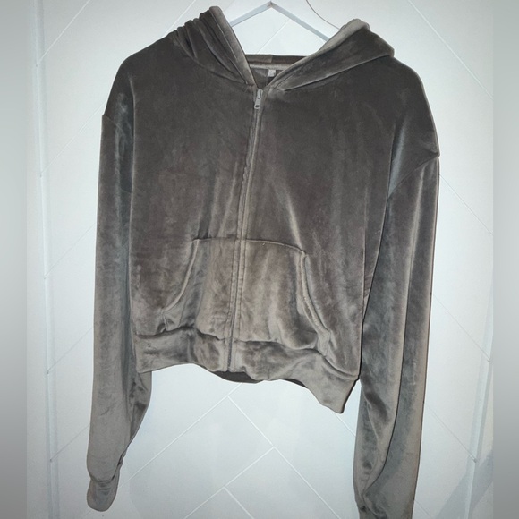 SKIMS Other - Skims velour hooded hoodie jacket cropped gunmetal grey sz. Large